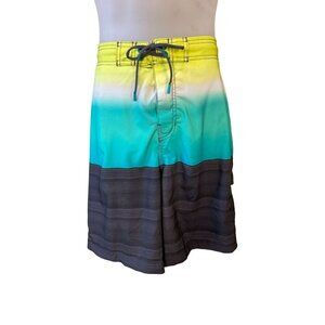 Speedo Men's Swim Board Shorts Ombre Gradient Yellow Teal Blk Mesh Brief Large